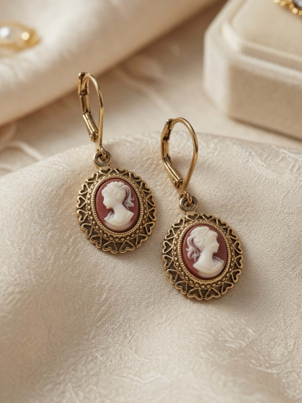 Vintage 1928 Gold Tone Cameo Dangle Earrings Lady Victorian Revival Filigree